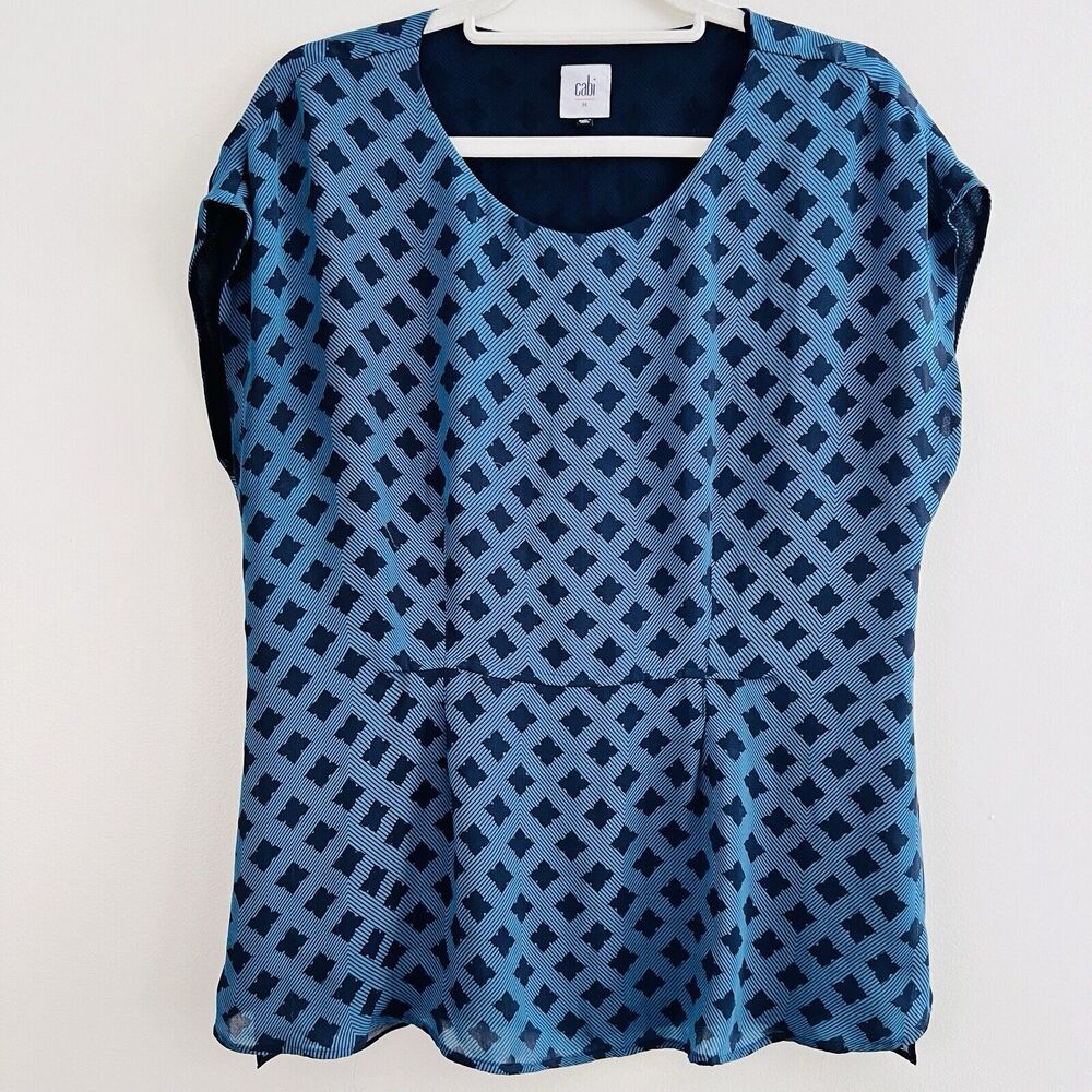 Cabi Blue & Black Geometric Chiffon Blouse Fully Lined Lightweight ~Size Medium